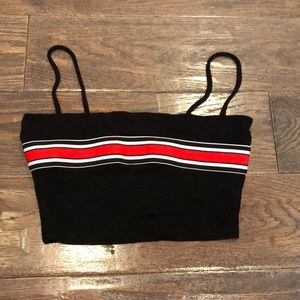Black ribbed crop top w red and white strip